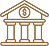 A gold colored icon of a building with columns.