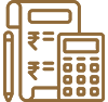 A brown and black icon of a calculator, pen and book.